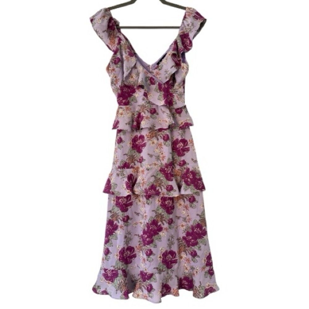 Lulu’s Fleur-Evermore Lavender Floral Print Ruffled Midi Dress Size Extra Small - Picture 2 of 8